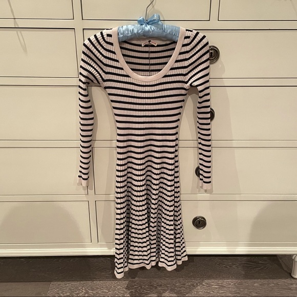 REBECCA TAYLOR white and black knit striped long sleeve knee length midi dress - Picture 4 of 8